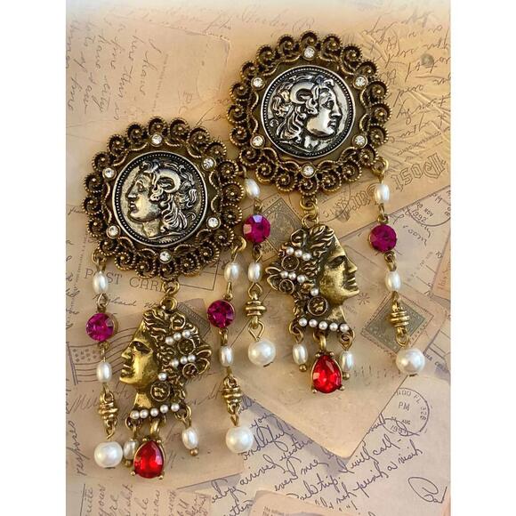 Jewelry - Ornate Greek Coin Medallion Chandelier Earrings Pearl Pink Crystal Brass Dangles